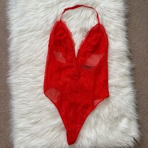 Victoria's Secret Red Lace Halter Teddy Bodysuit  XL